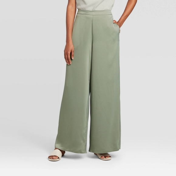 Prologue Pants - Prologue Green Mid-Rise Silky Wide Leg Pants